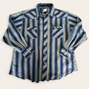 Wrangler Vintage Mens Western‎ Pearl Snap Shirt Blue Stripe Long Sleeve Large